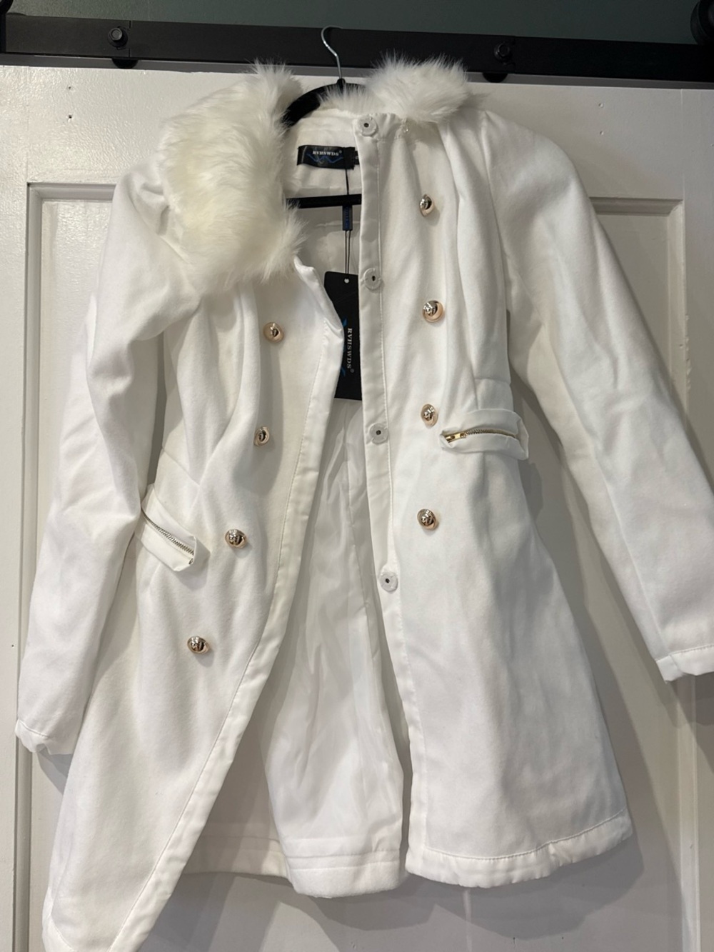 Women's White Faux-Fur Trim Double-Breasted Pea Coat - Unknown Brand